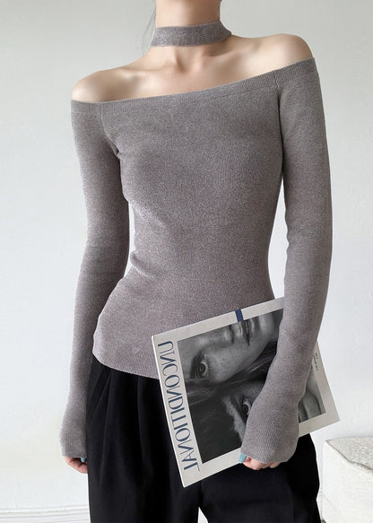 French Red Cold Shoulder Halter Knit Sweaters Spring TY031