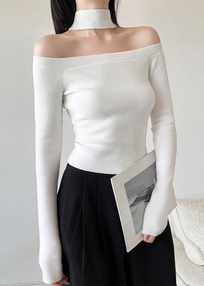 French Red Cold Shoulder Halter Knit Sweaters Spring TY031