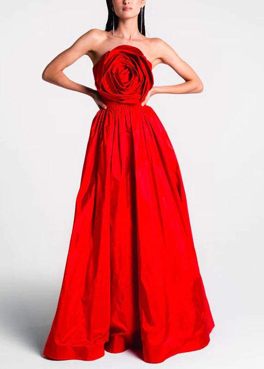 Patchwork Red Dress Maxi Rose Holiday Summer French Cold Shoulder FashionChic