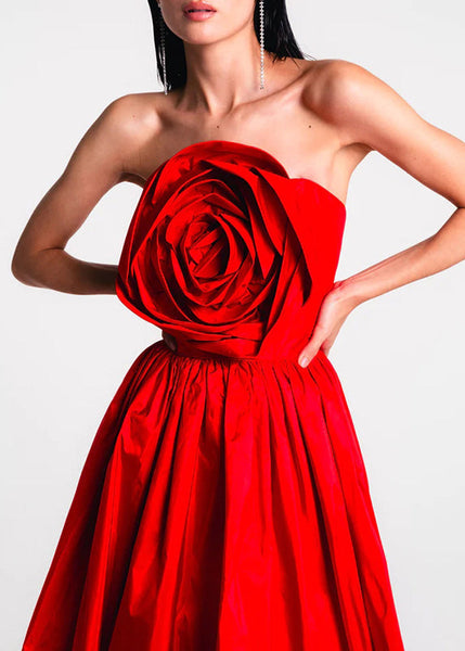 Patchwork Holiday French Maxi Rose Summer Shoulder Cold Dress Red FashionChic