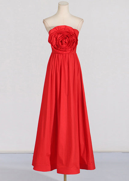 Patchwork Red Dress Maxi Rose Holiday Summer French Cold Shoulder FashionChic