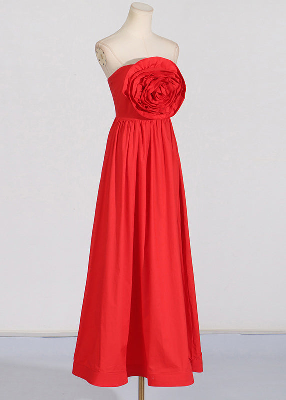 Patchwork Red Dress Maxi Rose Holiday Summer French Cold Shoulder FashionChic