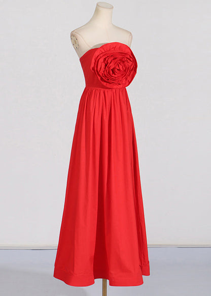 Patchwork Red Dress Maxi Rose Holiday Summer French Cold Shoulder FashionChic