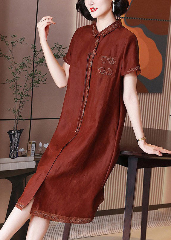 French Red Embroidered Button Pockets Silk Long Dress Summer OP1048 Ada Fashion