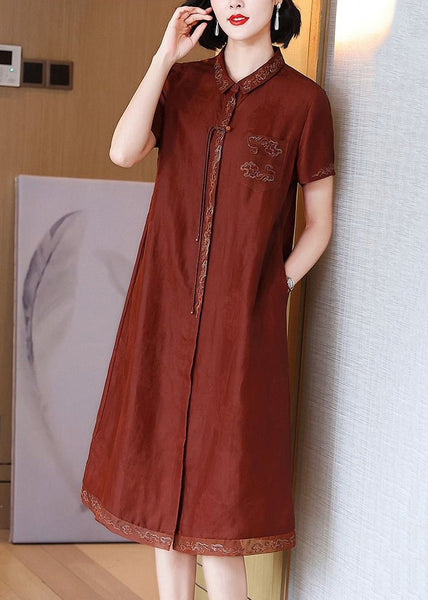 French Red Embroidered Button Pockets Silk Long Dress Summer OP1048 Ada Fashion