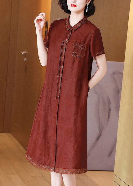 French Red Embroidered Button Pockets Silk Long Dress Summer OP1048 Ada Fashion