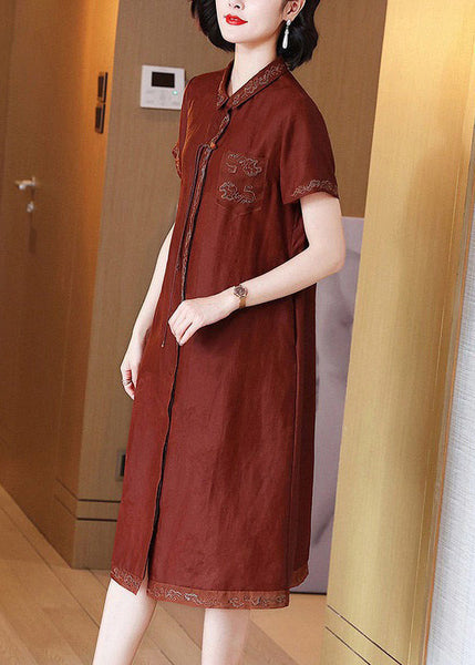 French Red Embroidered Button Pockets Silk Long Dress Summer OP1048 Ada Fashion
