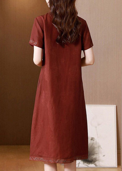 French Red Embroidered Button Pockets Silk Long Dress Summer OP1048 Ada Fashion