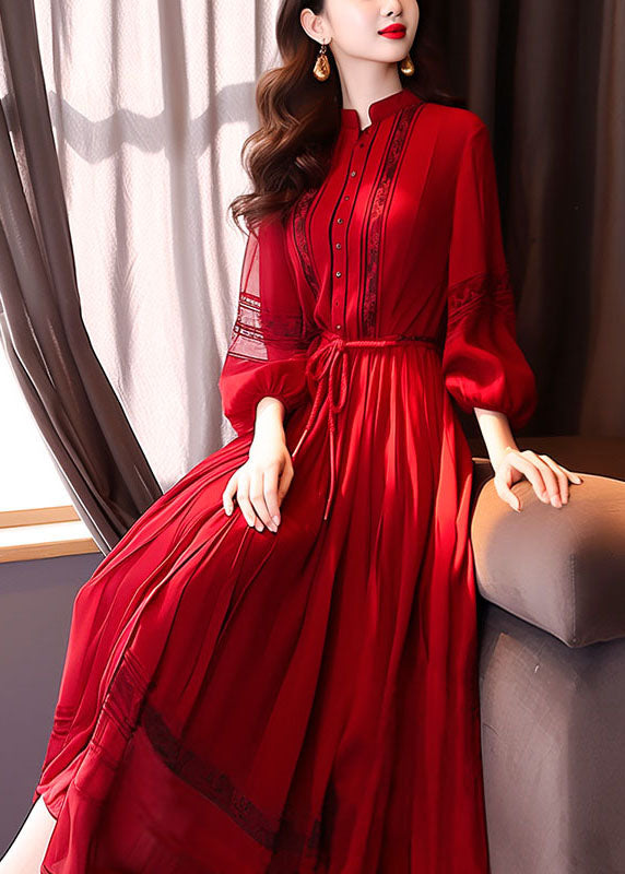 French Red Hollow Out Lace Up Long Dress Bracelet Sleeve QR033 OM-ZS240929