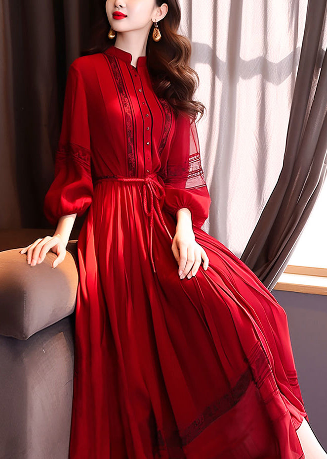 French Red Hollow Out Lace Up Long Dress Bracelet Sleeve QR033 OM-ZS240929