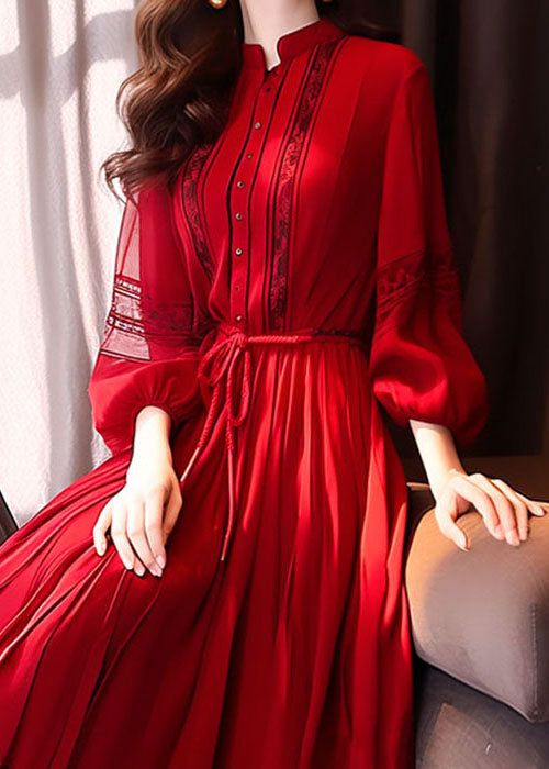 French Red Hollow Out Lace Up Long Dress Bracelet Sleeve QR033 OM-ZS240929