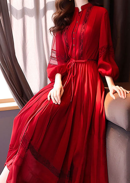 French Red Hollow Out Lace Up Long Dress Bracelet Sleeve QR033 OM-ZS240929