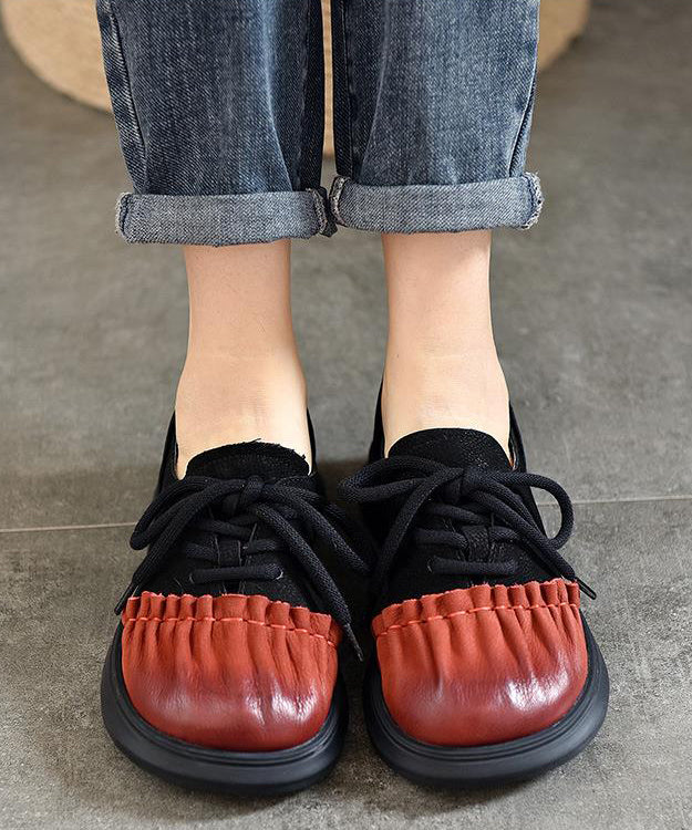 French Red Lace Up Splicing Cowhide Leather Flats Shoes RT1039 Ada Fashion