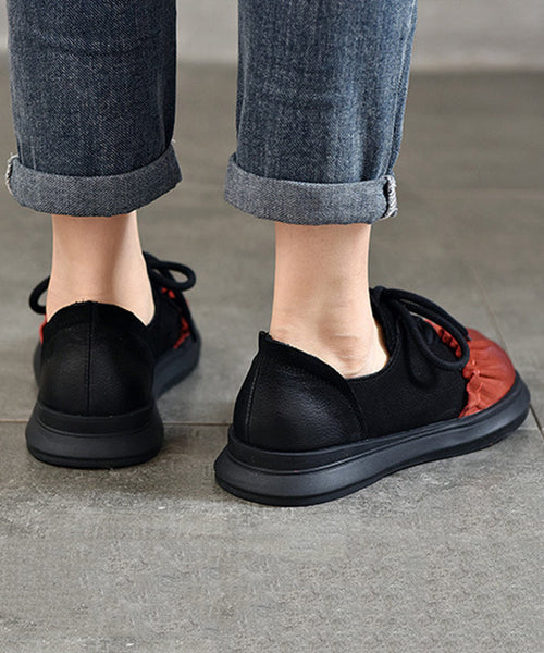 French Red Lace Up Splicing Cowhide Leather Flats Shoes RT1039 Ada Fashion