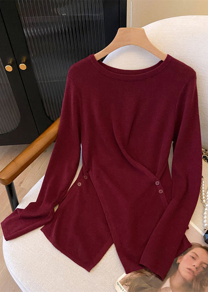 French Red O Neck Asymmetrical Design Knit Top Fall QI046 OL-NTP241005