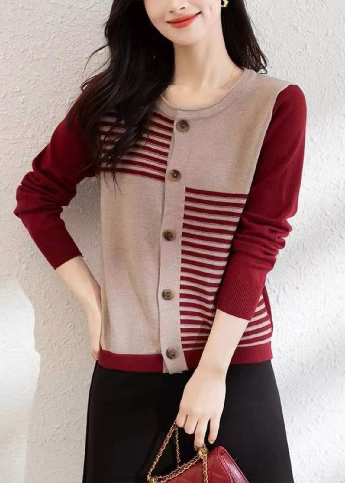 French Red O Neck Button Patchwork Knit Cardigans Fall QI005 OM-BB241005