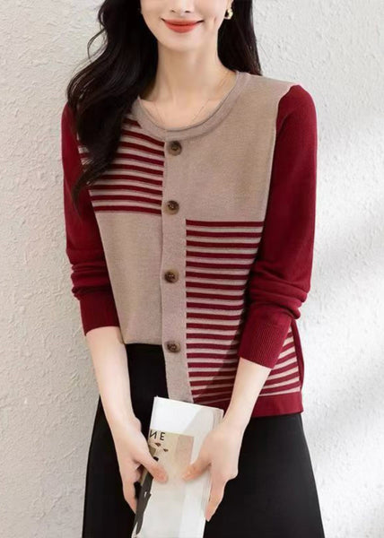 French Red O Neck Button Patchwork Knit Cardigans Fall QI005 OM-BB241005
