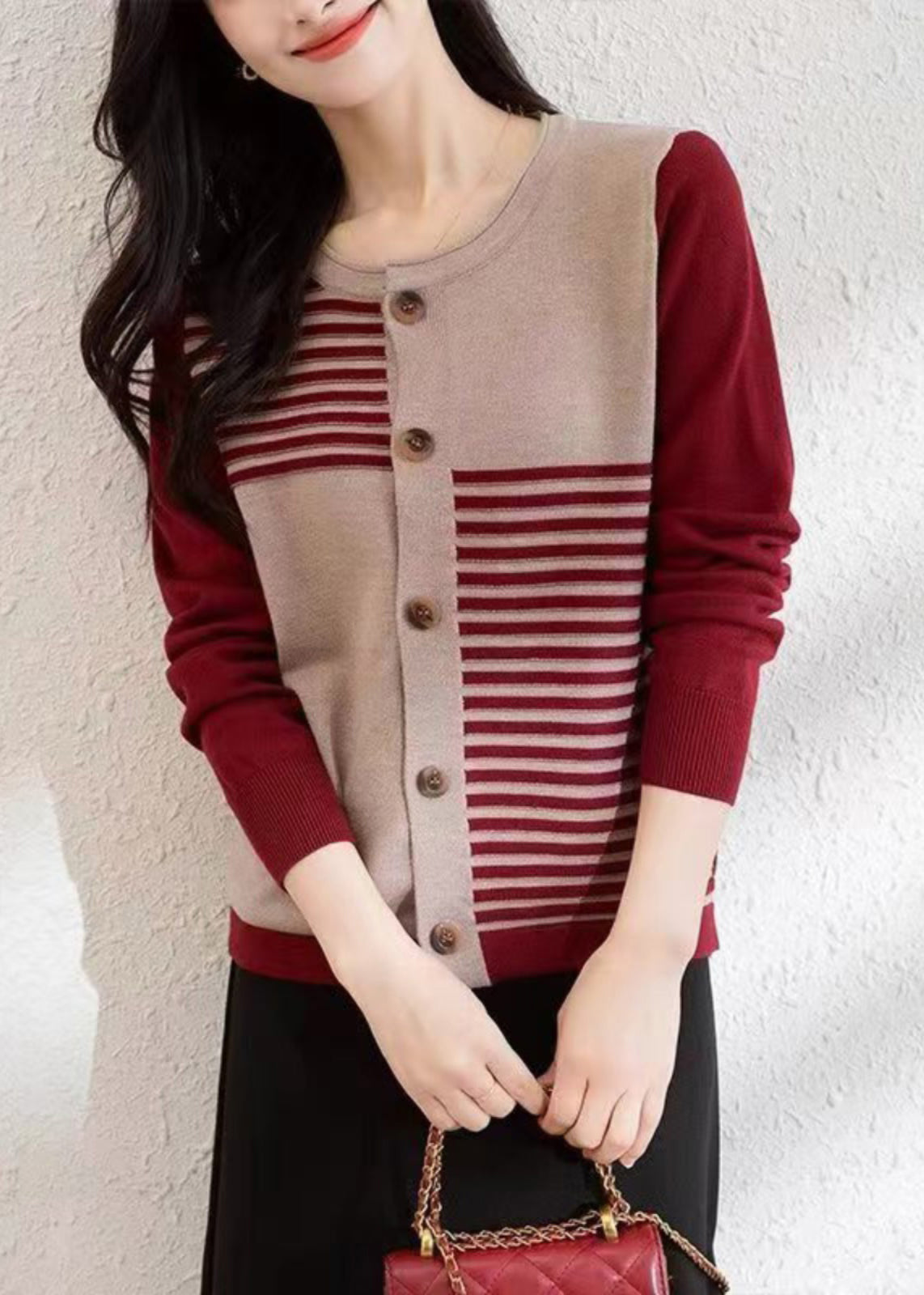 French Red O Neck Button Patchwork Knit Cardigans Fall QI005 OM-BB241005