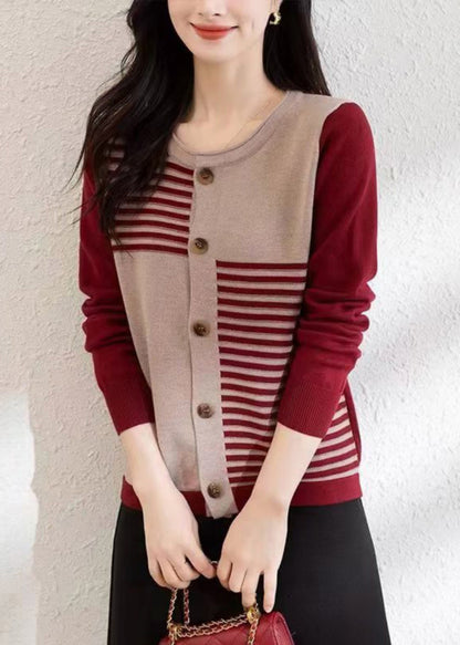French Red O Neck Button Patchwork Knit Cardigans Fall QI005 OM-BB241005