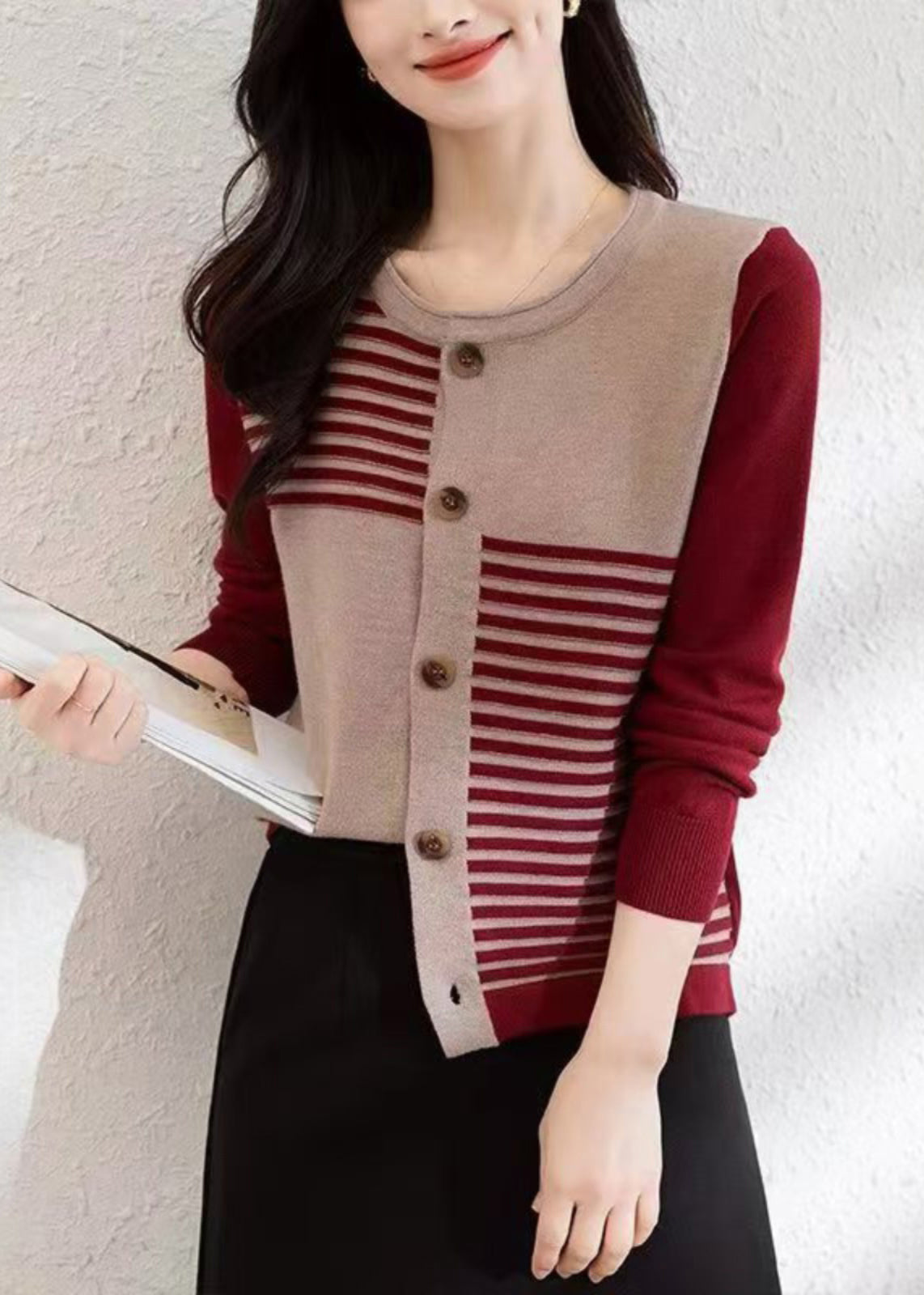 French Red O Neck Button Patchwork Knit Cardigans Fall QI005 OM-BB241005