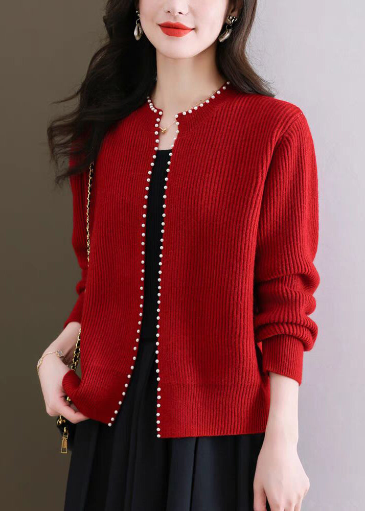 French Red O Neck Nail Bead Knit Cardigans Fall QI007 OM-BB241005