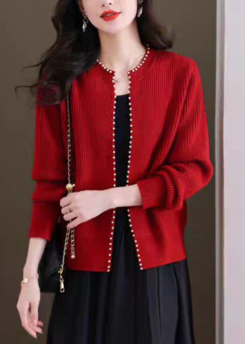 French Red O Neck Nail Bead Knit Cardigans Fall QI007 OM-BB241005