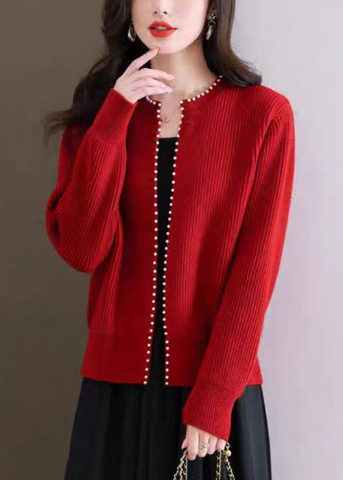 French Red O Neck Nail Bead Knit Cardigans Fall QI007 OM-BB241005