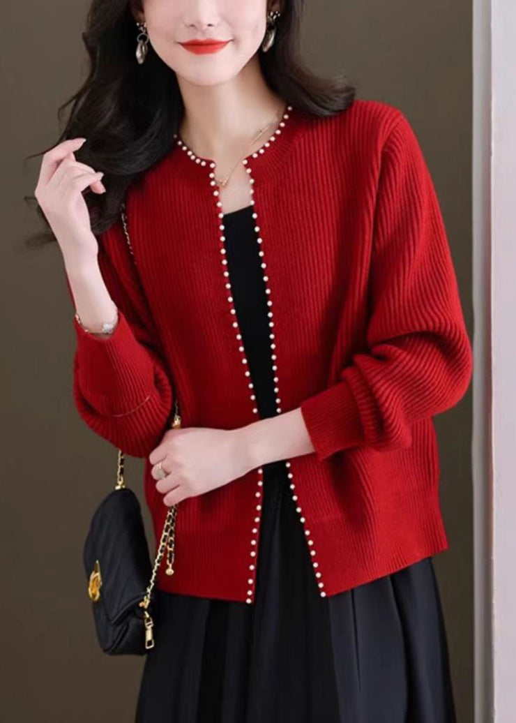 French Red O Neck Nail Bead Knit Cardigans Fall QI007 OM-BB241005