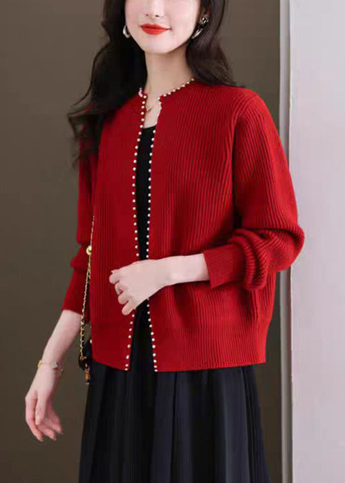 French Red O Neck Nail Bead Knit Cardigans Fall QI007 OM-BB241005