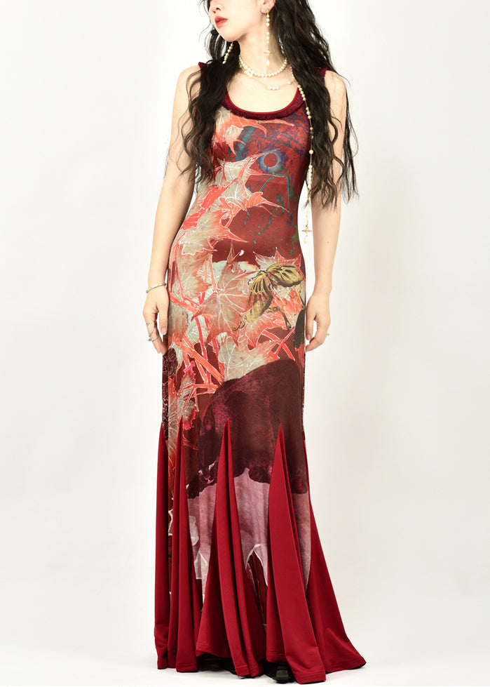 French Red O Neck Print Patchwork Cotton Fishtail Dress Sleeveless KK091 SH-LF-SDL240602