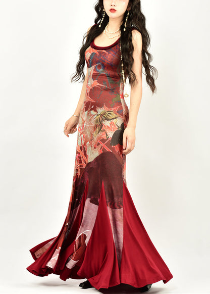 French Red O Neck Print Patchwork Cotton Fishtail Dress Sleeveless KK091 SH-LF-SDL240602