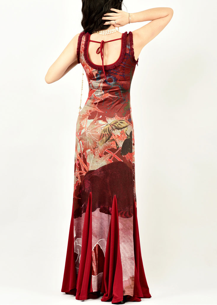 French Red O Neck Print Patchwork Cotton Fishtail Dress Sleeveless KK091 SH-LF-SDL240602