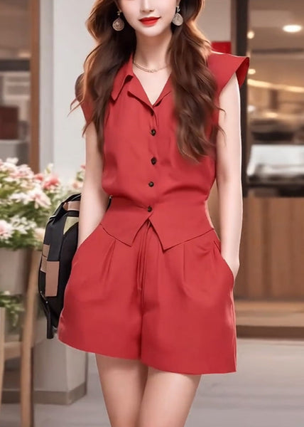 Button Red Pan Two-Piece Summer Peter Set Collar Cotton French FashionChic