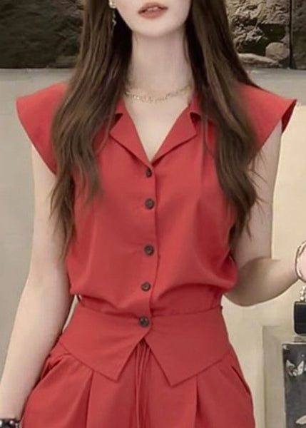 Button Red Pan Two-Piece Summer Peter Set Collar Cotton French FashionChic