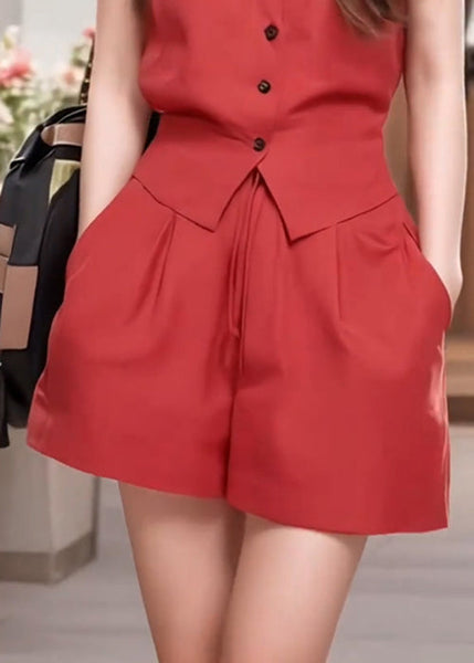 Button Red Pan Two-Piece Summer Peter Set Collar Cotton French FashionChic