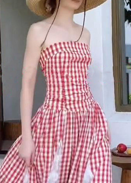 French Red Plaid Lace Patchwork Off The Shoulder Dress Summer ZL068 SH-LF-SDL240621