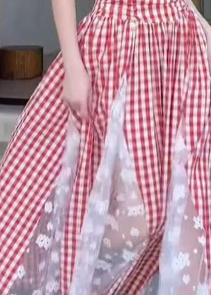 French Red Plaid Lace Patchwork Off The Shoulder Dress Summer ZL068 SH-LF-SDL240621