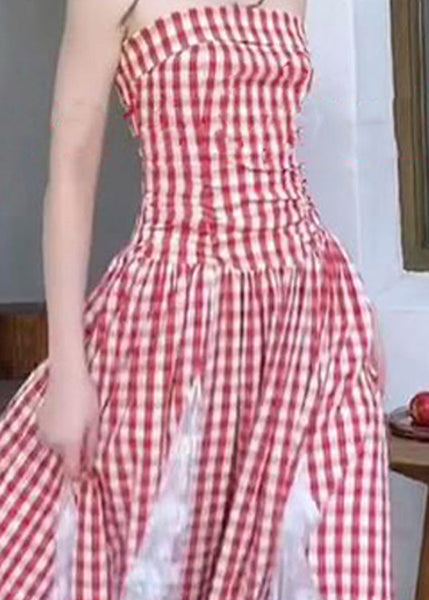 French Red Plaid Lace Patchwork Off The Shoulder Dress Summer ZL068 SH-LF-SDL240621