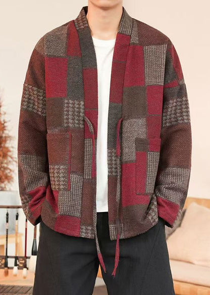 French Red Plaid Lace Up Woolen Mens Coats Winter RO030 ABC