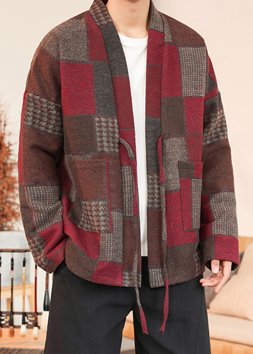 French Red Plaid Lace Up Woolen Mens Coats Winter RO030 ABC