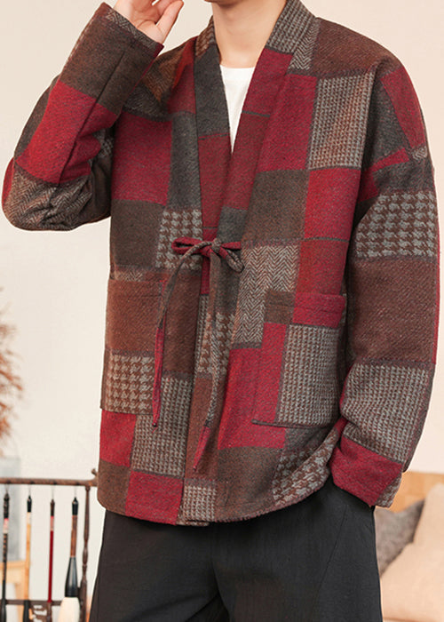 French Red Plaid Lace Up Woolen Mens Coats Winter RO030 ABC