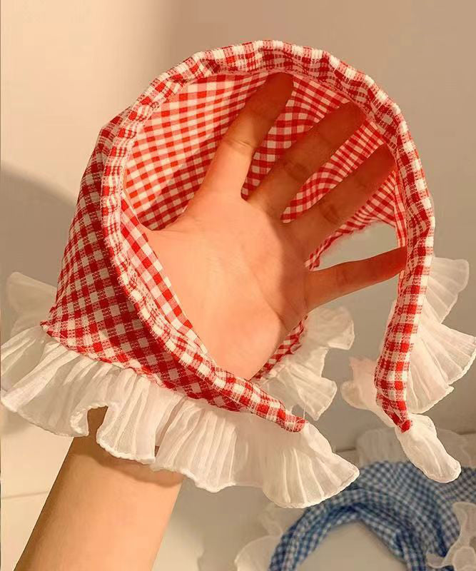 French Red Plaid Ruffles Lace Triangle Scarf Headband YU1006 Hat-HAT240528