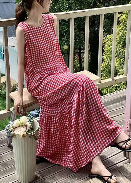 Dress Wrinkled Sleeveless Cotton Plaid French Maxi Red FashionChic