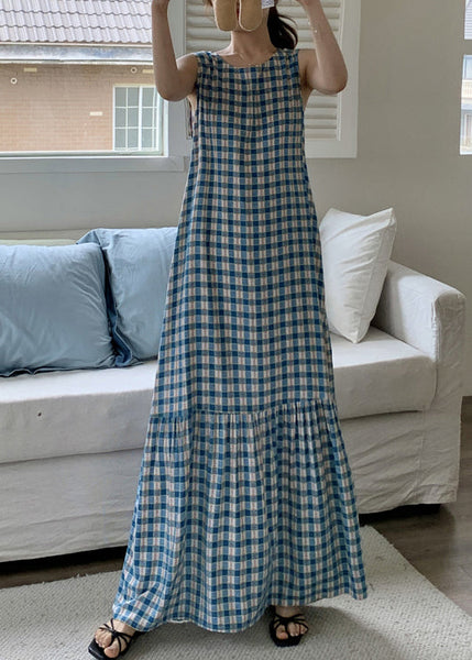 Dress Wrinkled Sleeveless Cotton Plaid French Maxi Red FashionChic