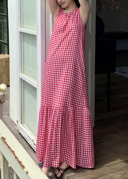 Dress Wrinkled Sleeveless Cotton Plaid French Maxi Red FashionChic
