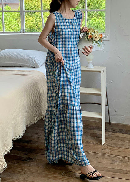 Dress Wrinkled Sleeveless Cotton Plaid French Maxi Red FashionChic