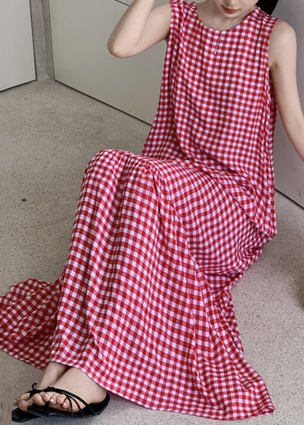 Dress Wrinkled Sleeveless Cotton Plaid French Maxi Red FashionChic