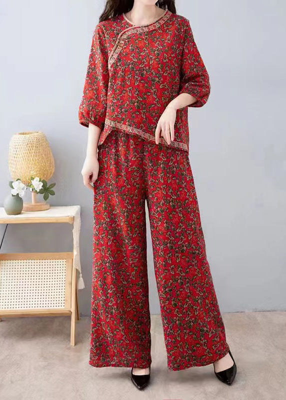 French Red Print Tops And Pants Cotton Two Pieces Set Half Sleeve AU1053 MZF-240903