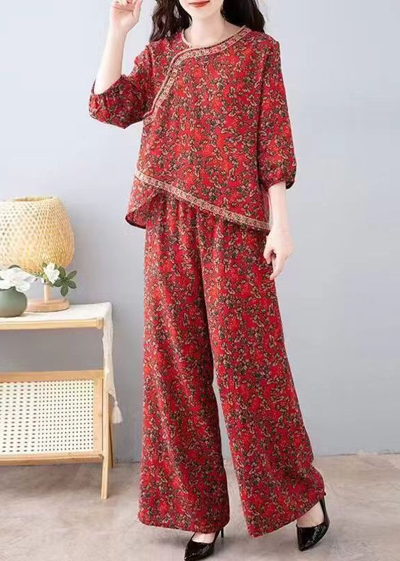 French Red Print Tops And Pants Cotton Two Pieces Set Half Sleeve AU1053 MZF-240903