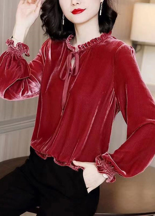 French Red Ruffled Patchwork Tie Lace Silk Velour Top Lantern Sleeve RK004 ABC